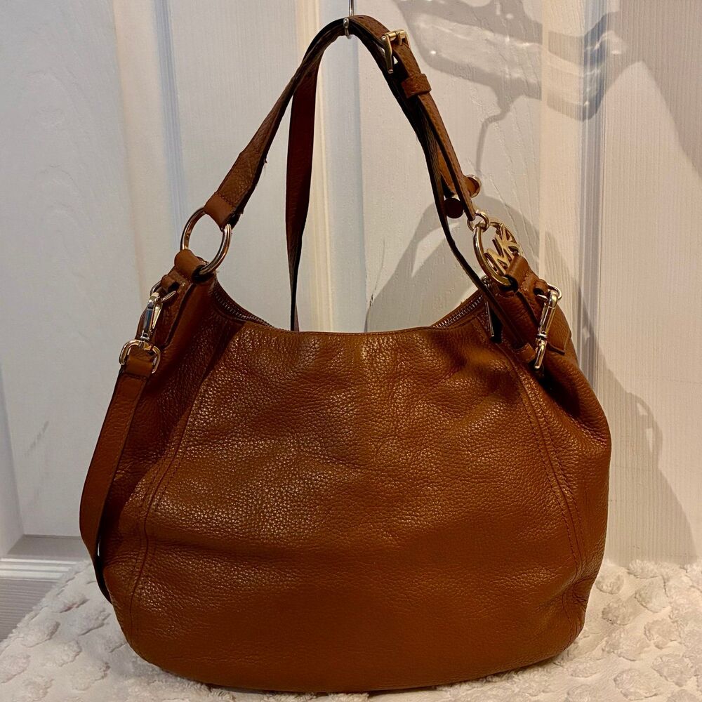 Michael Kors Cognac Brown Pebbled Leather Hobo Shoulder Crossbody Handbag